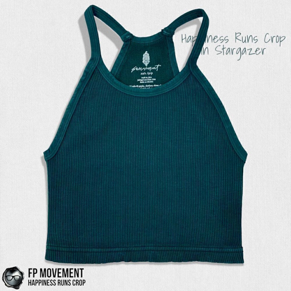 FP MOVEMENT HAPPINESS RUNS CROP TANK IN STARGAZER TEAL XS / SMALL RIBBED BRA TOP